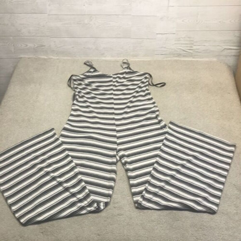 NSR Size M VTG Black/White/Grey Striped Wide Leg Sleeveless Jumpsuit 90’s, Y2K